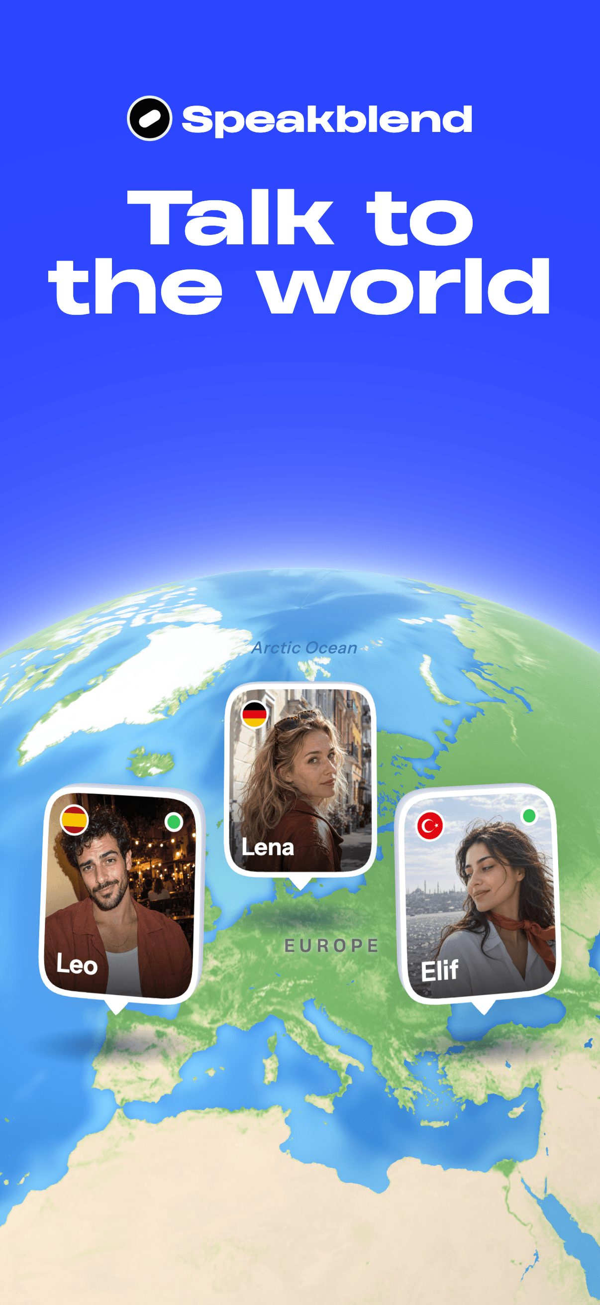 A 3D globe with profile pins over Europe