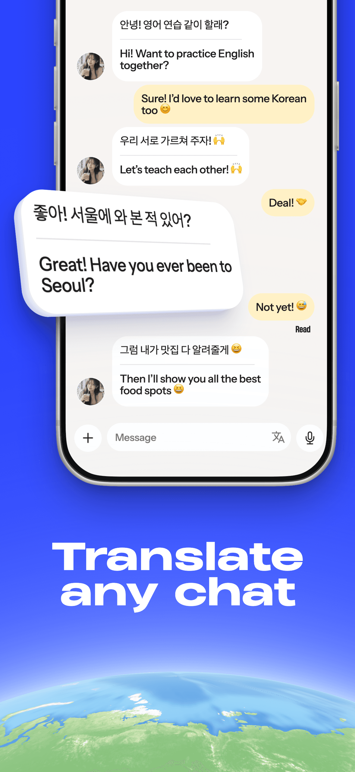 A Korean-English chat with one message shown translated