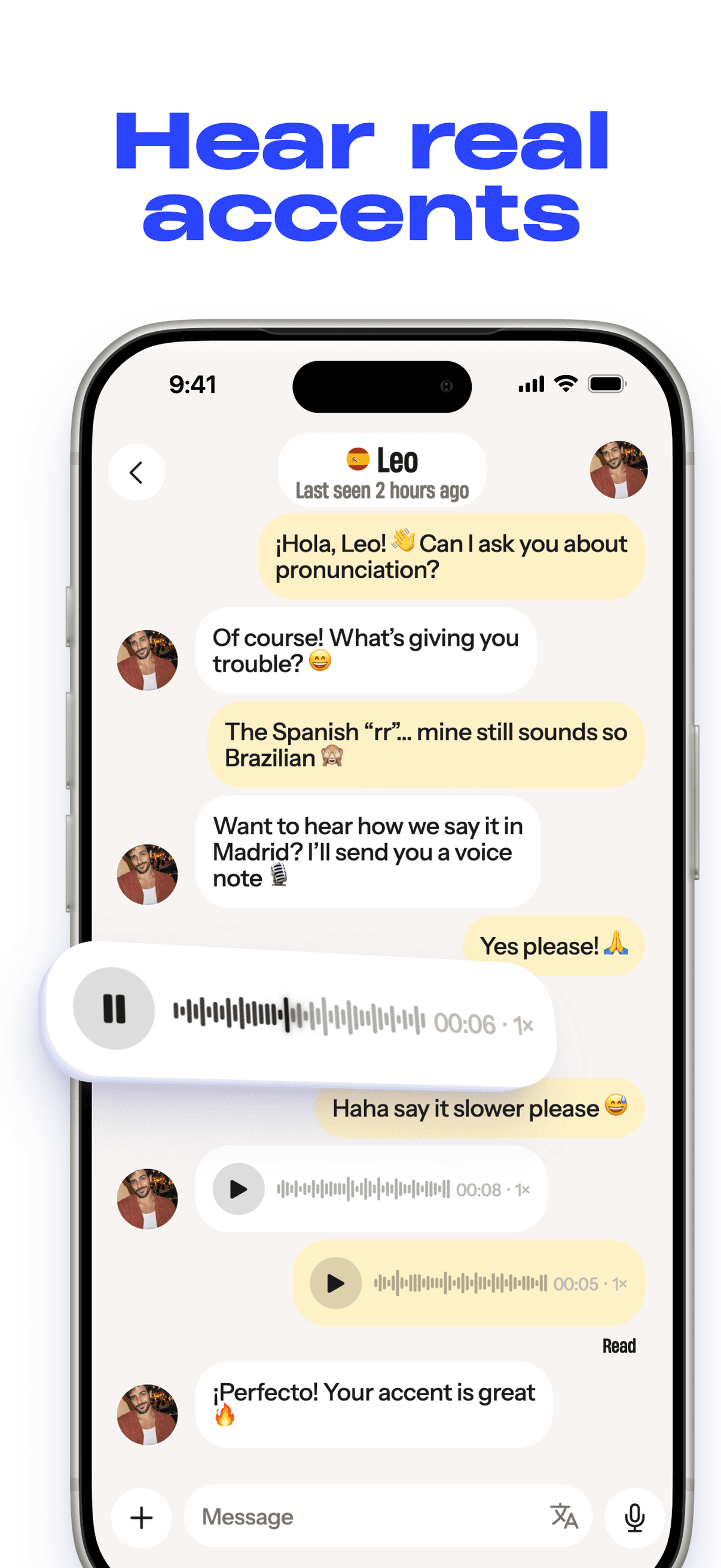 A chat with voice messages and a playback scrubber
