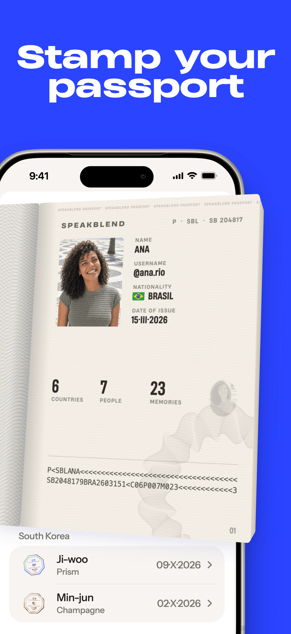 A Passport page with friends' stamps listed by country