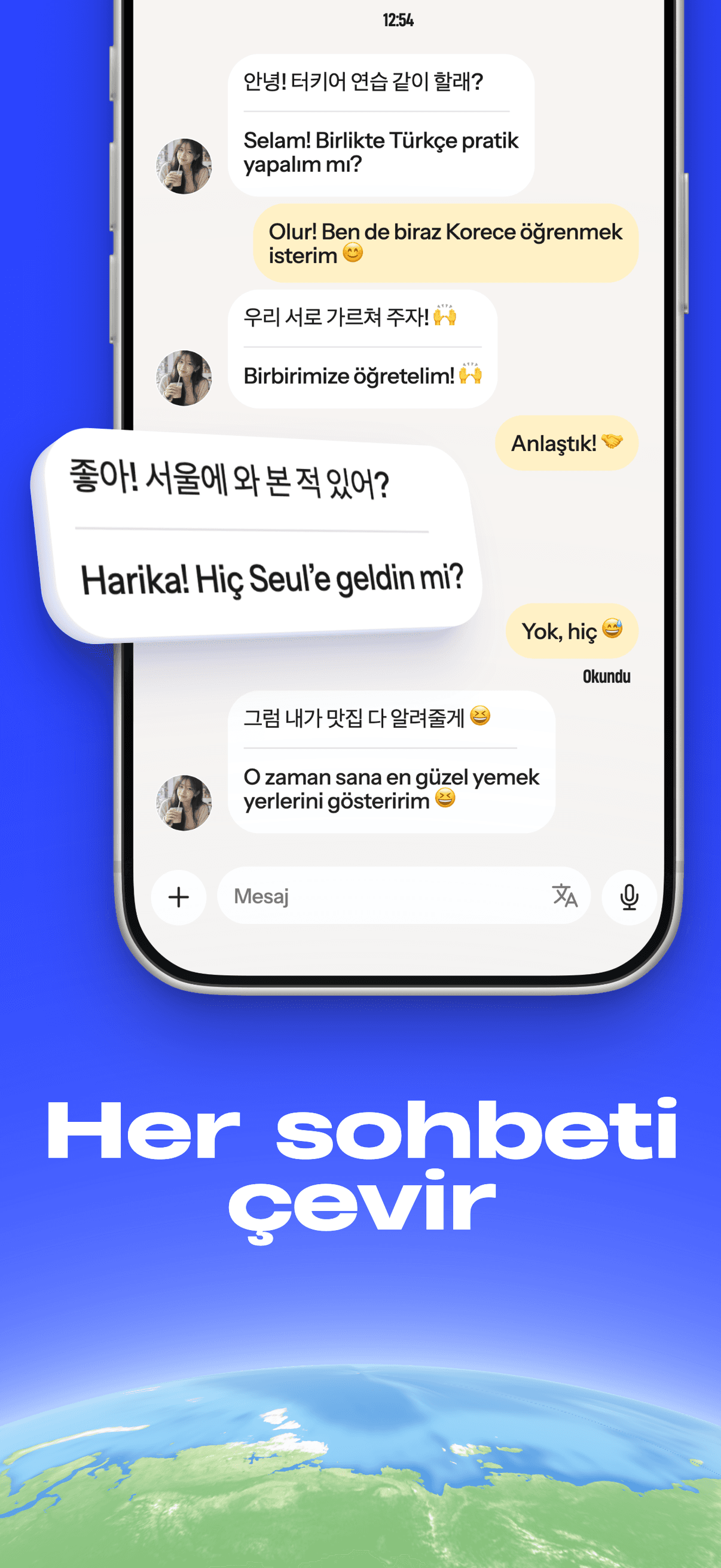 Bir mesajın çevirisi gösterilen Korece-İngilizce bir sohbet