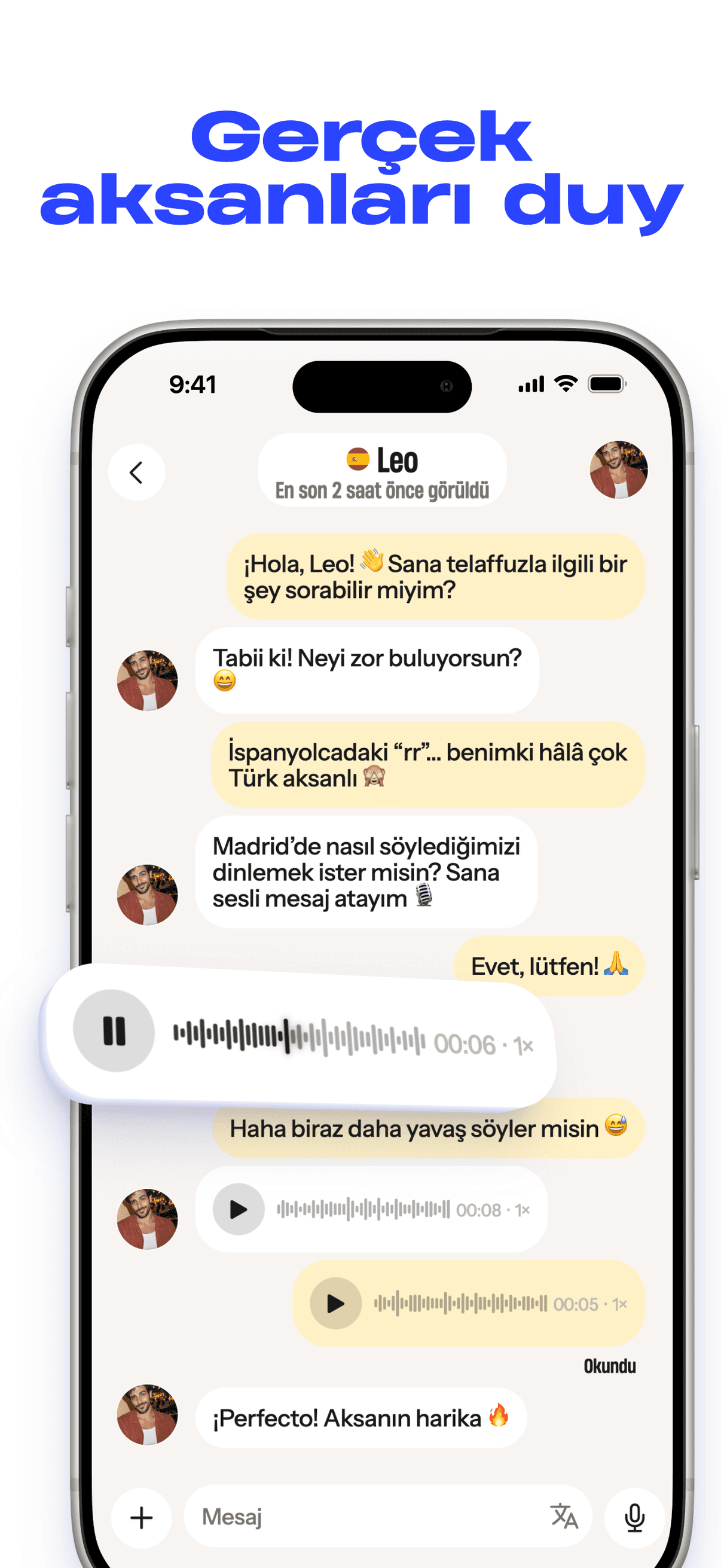 Sesli mesajlar ve oynatma çubuğu olan bir sohbet